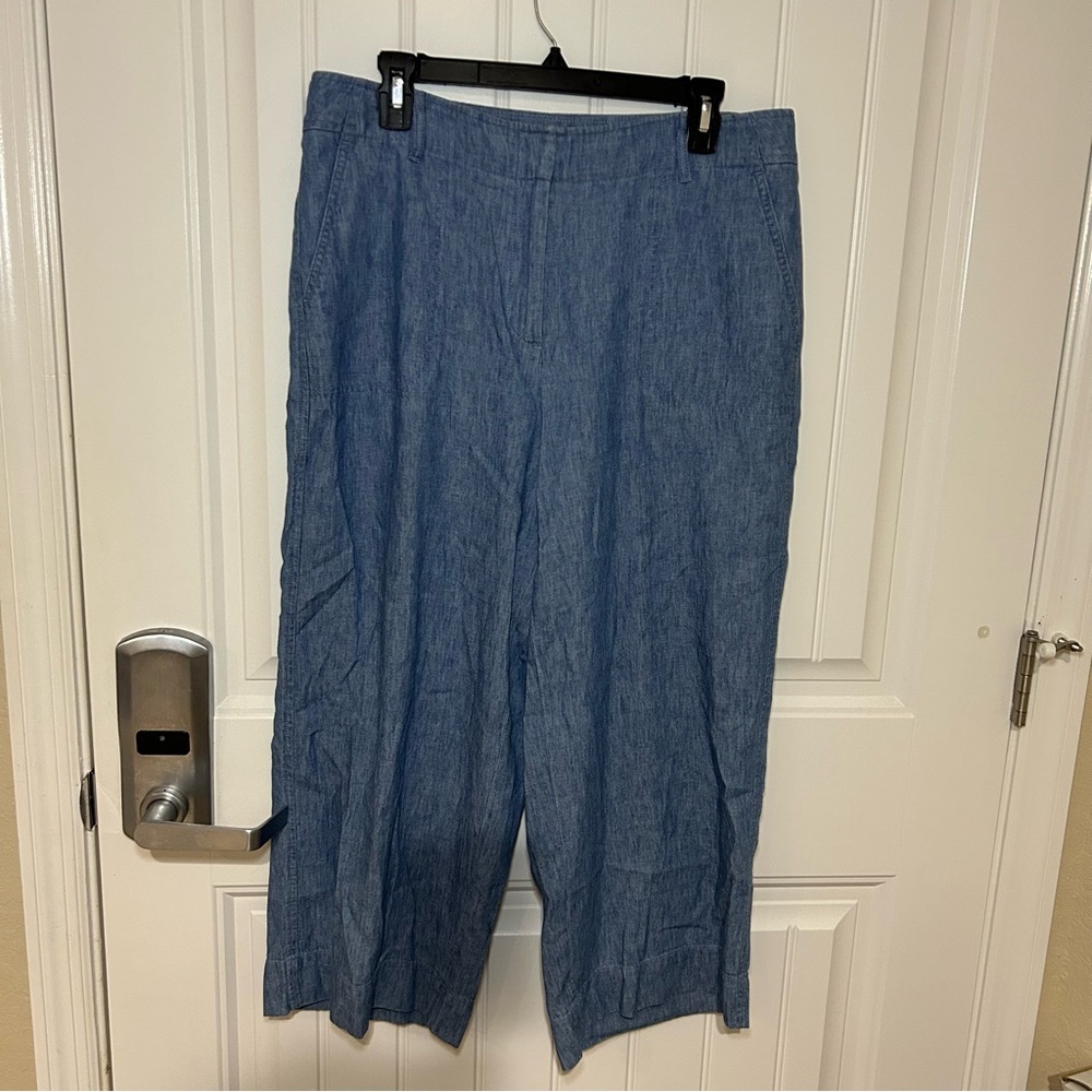 Talbots Blue Linen Blend Wide Leg Pull-On Crop Pants Size 10